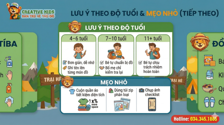 Infographic checklist đồ dùng đi trại hè cho trẻ theo từng độ tuổi